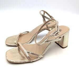 Badgley Mischka Carlota Textured Block-Heel Sandals Women's Gold Size US7.5 EU38